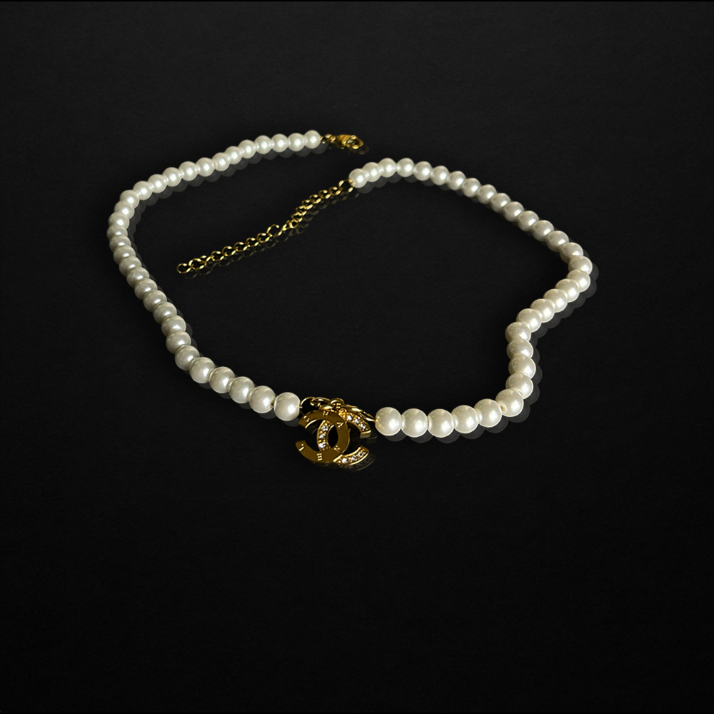 Repurposed CC Gold Crystal Pearl Necklace