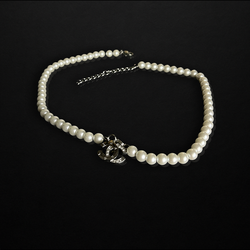 Repurposed CC Silver Crystal Pearl Necklace